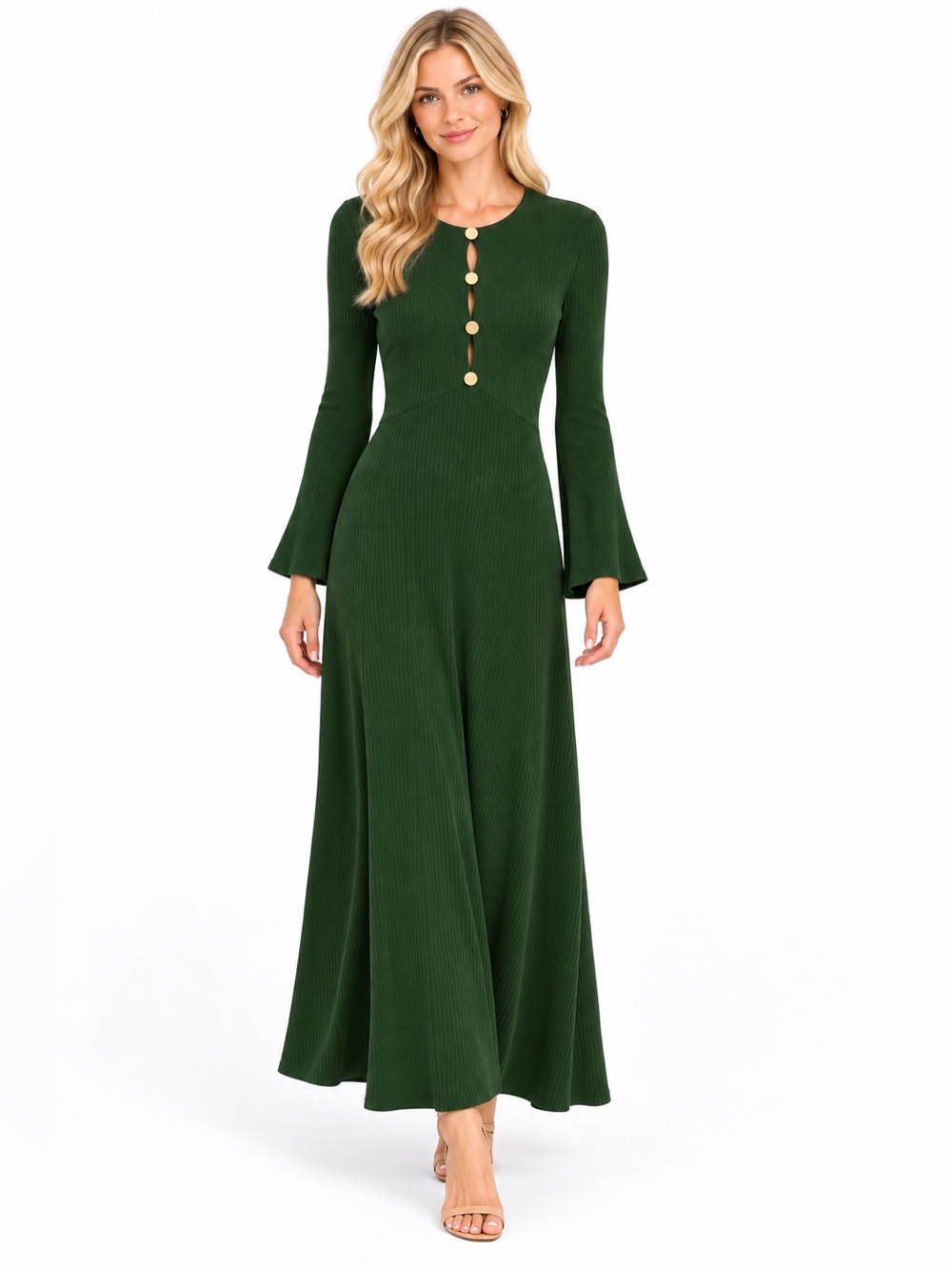 Reformation Hayden Knit Ribbed Maxi Dress Long Sleeve Fern Green Bodycon Size XS